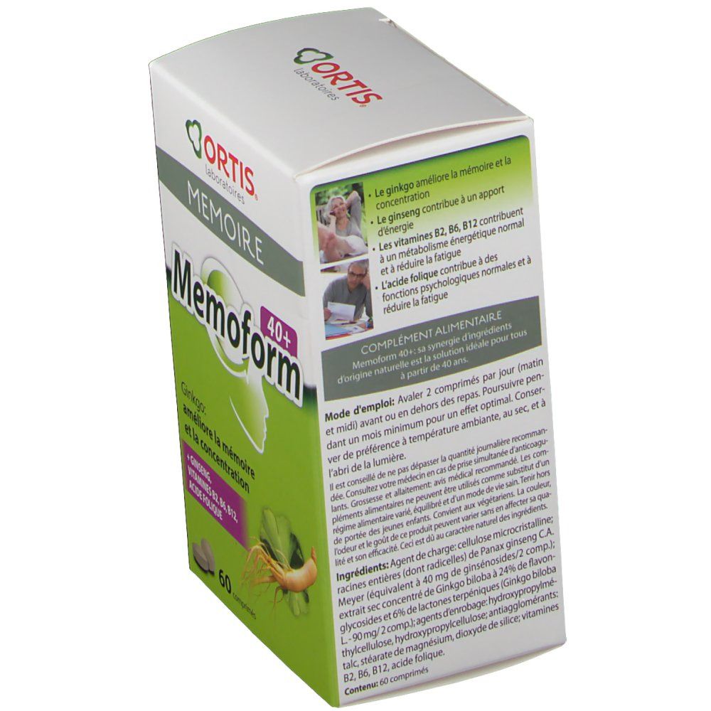 Retro della scatola Ortis Memoire 40+. Testo sugli ingredienti e l'uso. Illustrazioni di persone.