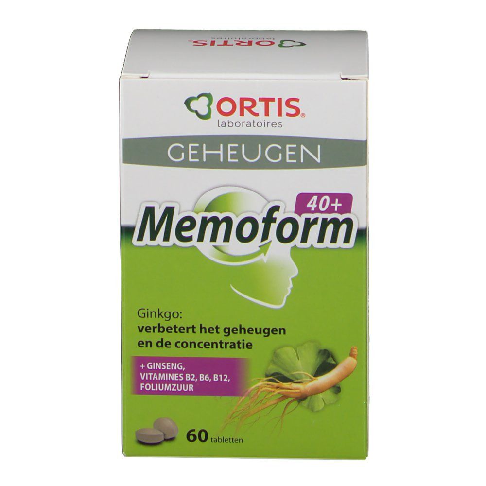 Scatola Ortis Memoform 40+. Verde e bianca. Nome del prodotto e ingredienti. Illustrazioni di ginkgo e ginseng.