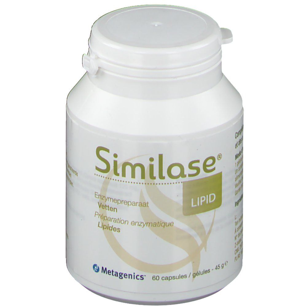 Flacone bianco con scritta "Similase Lipid". Contiene 60 capsule. Logo Metagenics in basso. Preparato enzimatico.