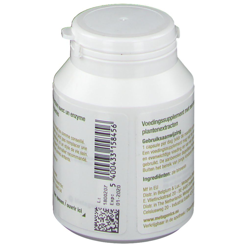 Retro del flacone bianco. Codice a barre e data di scadenza. Testo su integratore alimentare con enzimi ed estratti vegetali.
