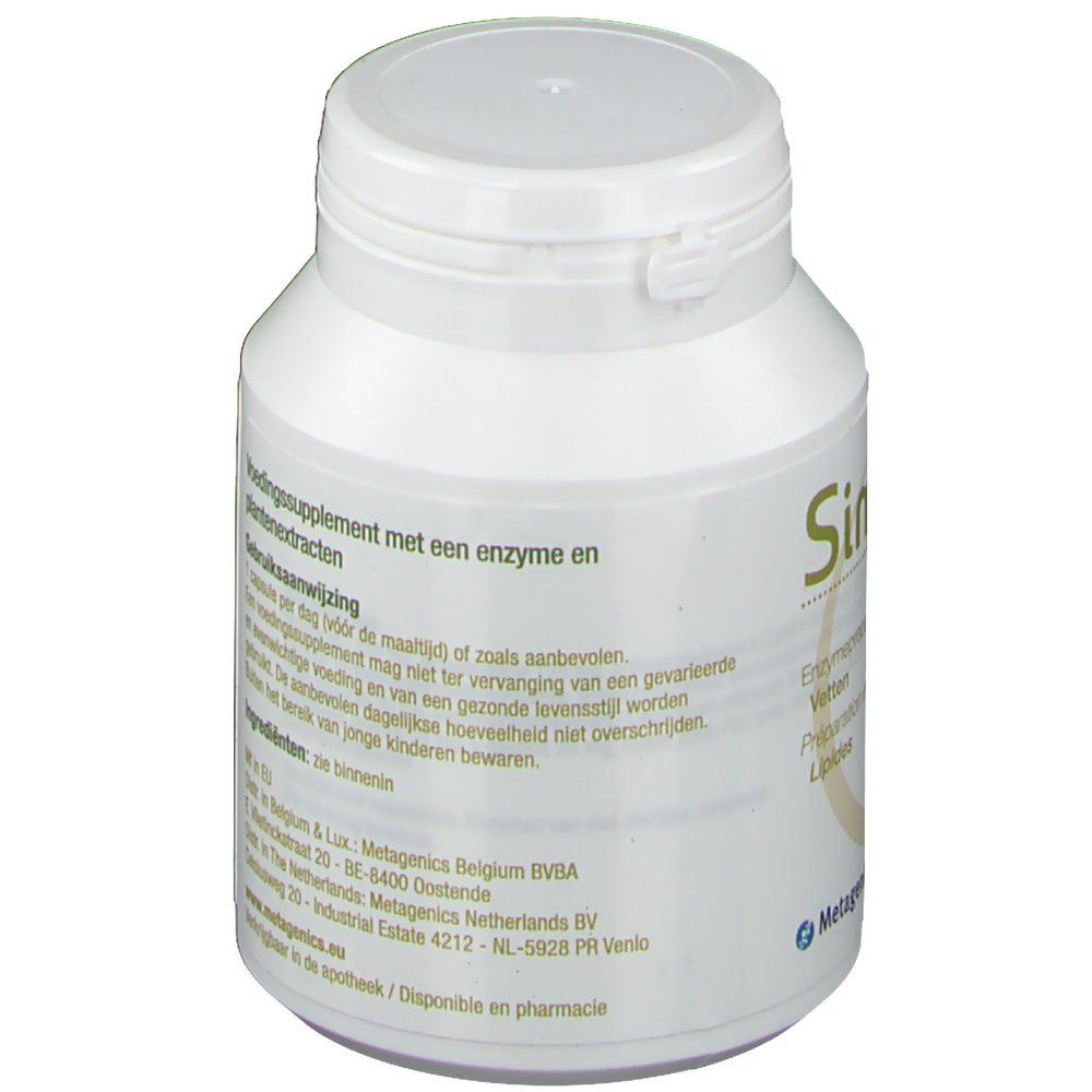 Flacone bianco con testo su integratore alimentare con enzimi ed estratti vegetali. Scritta "Similase Lipid".