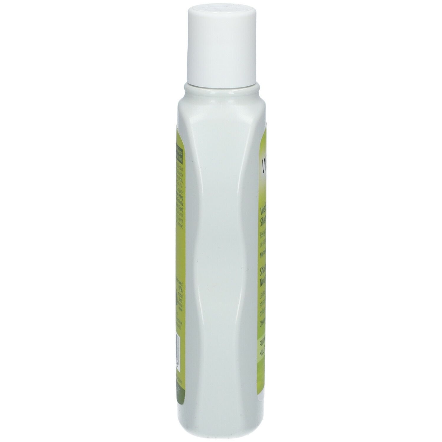 Flacone di shampoo Weleda, vista laterale. Corpo bianco con etichetta verde. Tappo bianco.