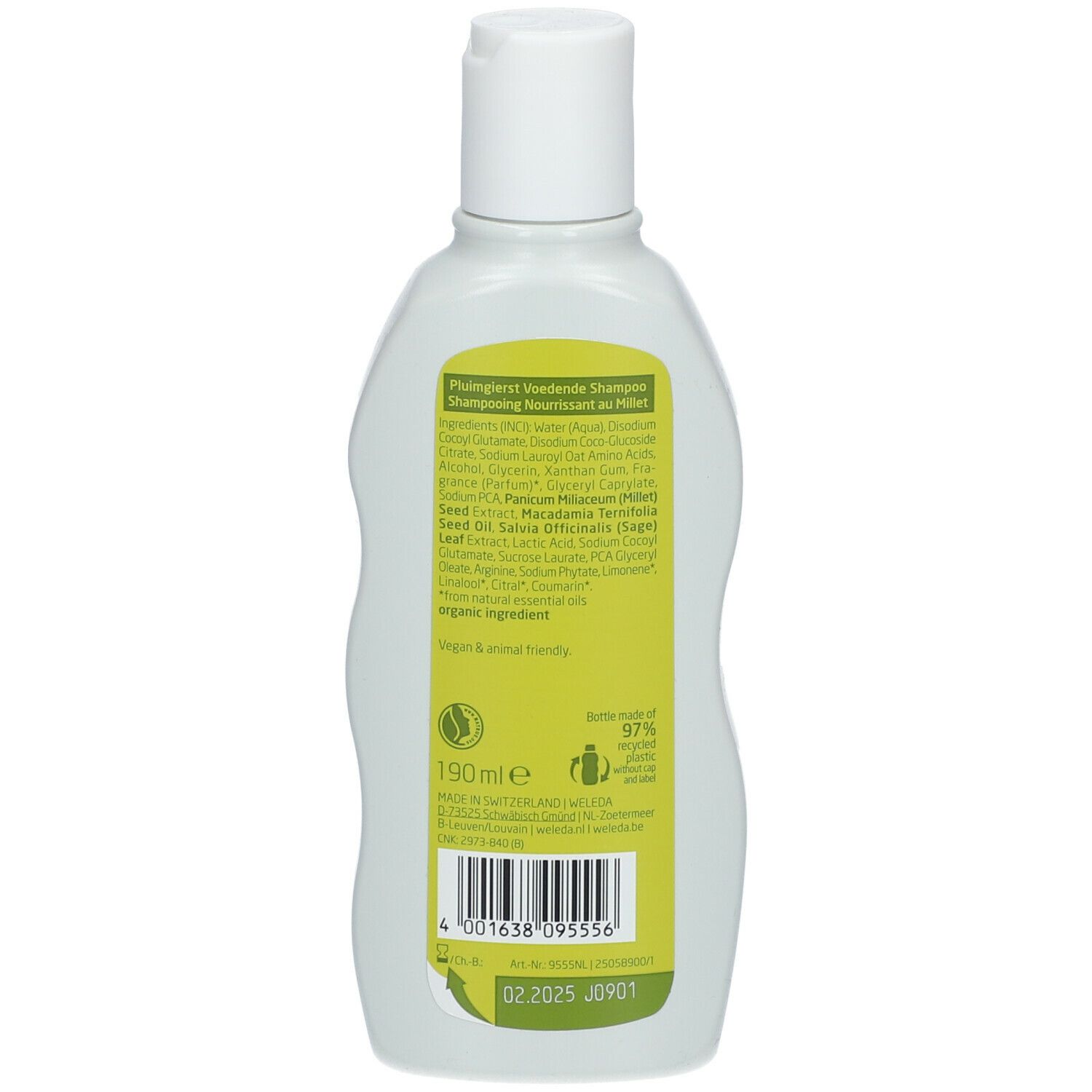 Retro del flacone di shampoo Weleda. Etichetta con ingredienti e informazioni. 190 ml.