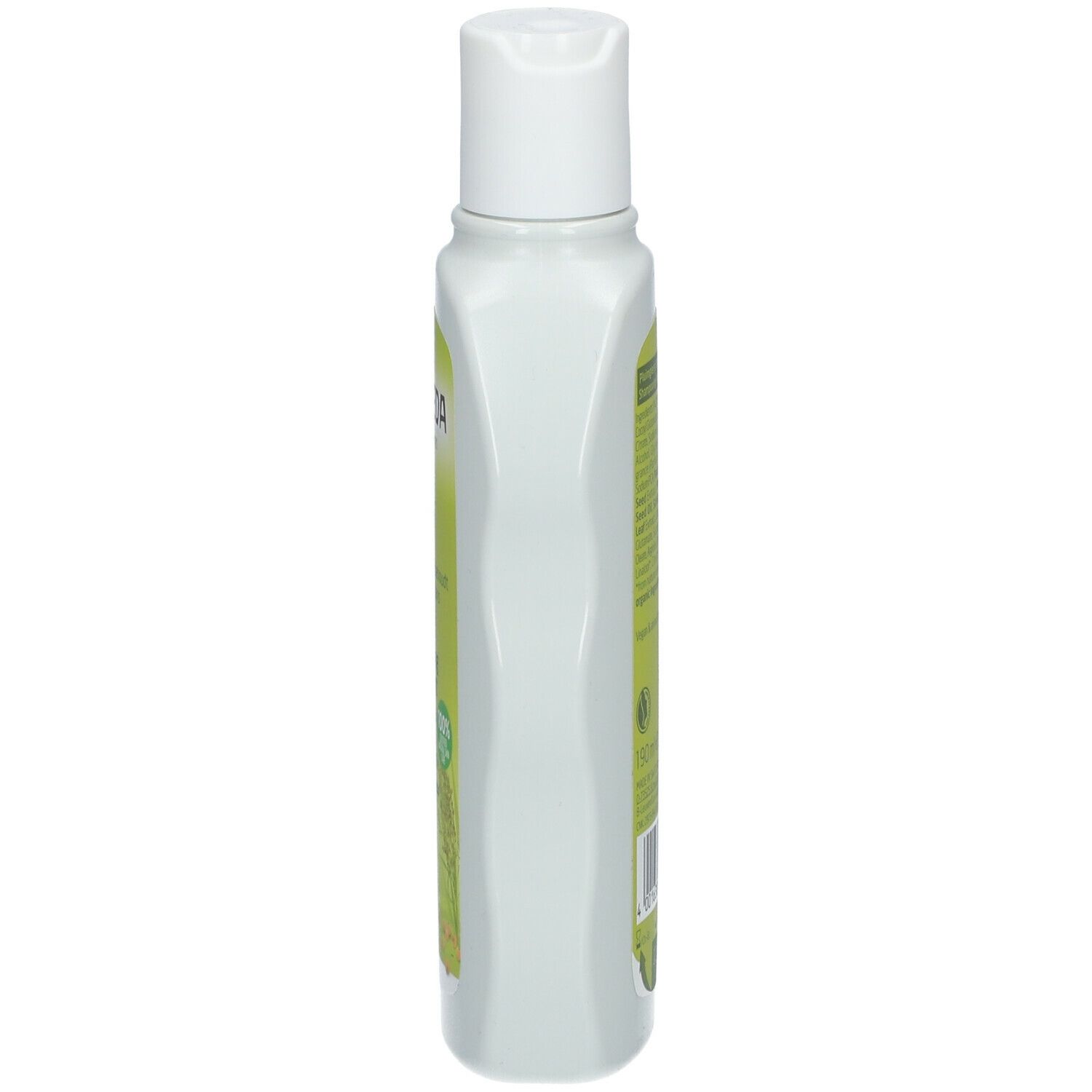 Flacone di shampoo Weleda, vista laterale. Corpo bianco con etichetta verde. Tappo bianco.