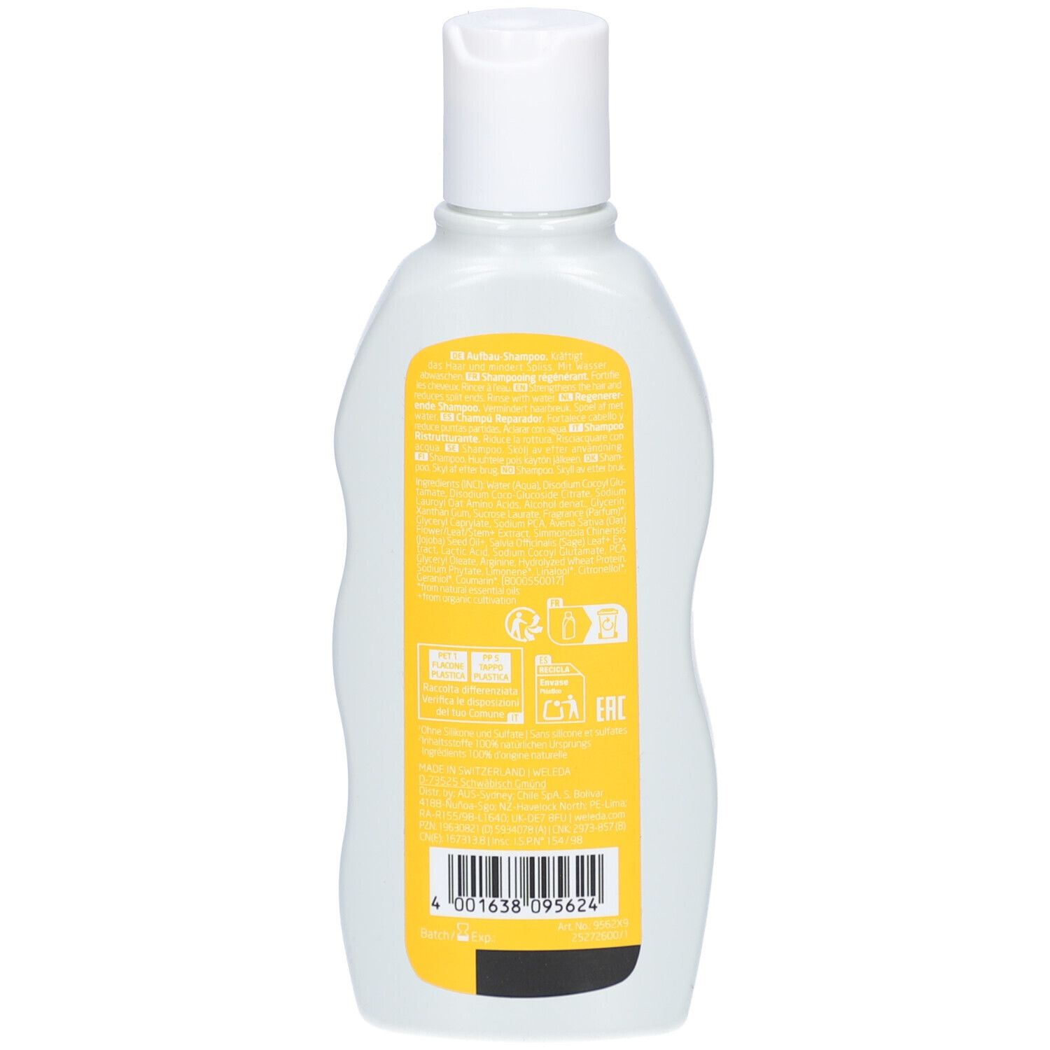 Retro della bottiglia di shampoo Weleda all'avena. Etichetta gialla con testo e codice a barre. Informazioni sugli ingredienti.