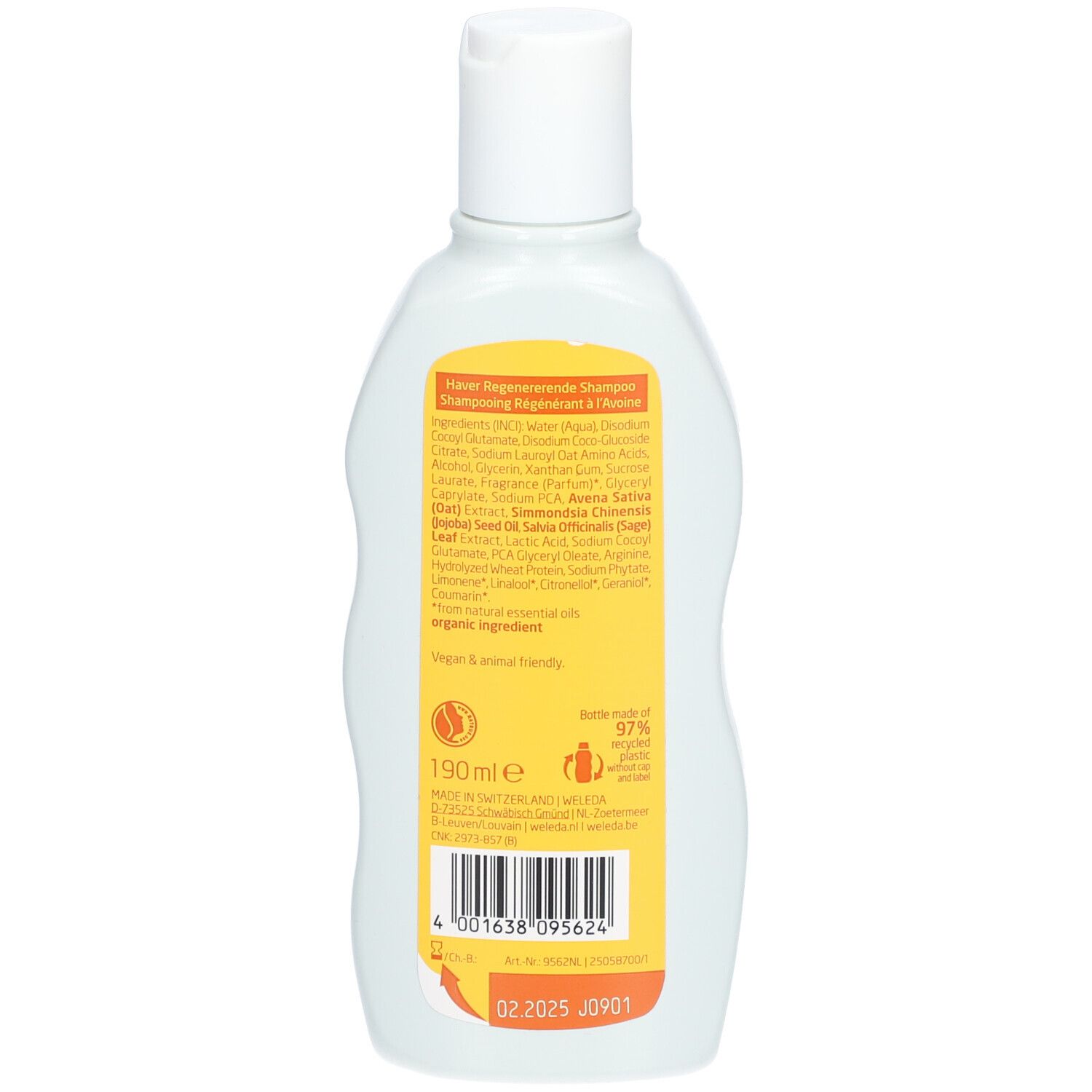 Retro della bottiglia di shampoo Weleda all'avena. Etichetta gialla con ingredienti, vegano e amico degli animali.