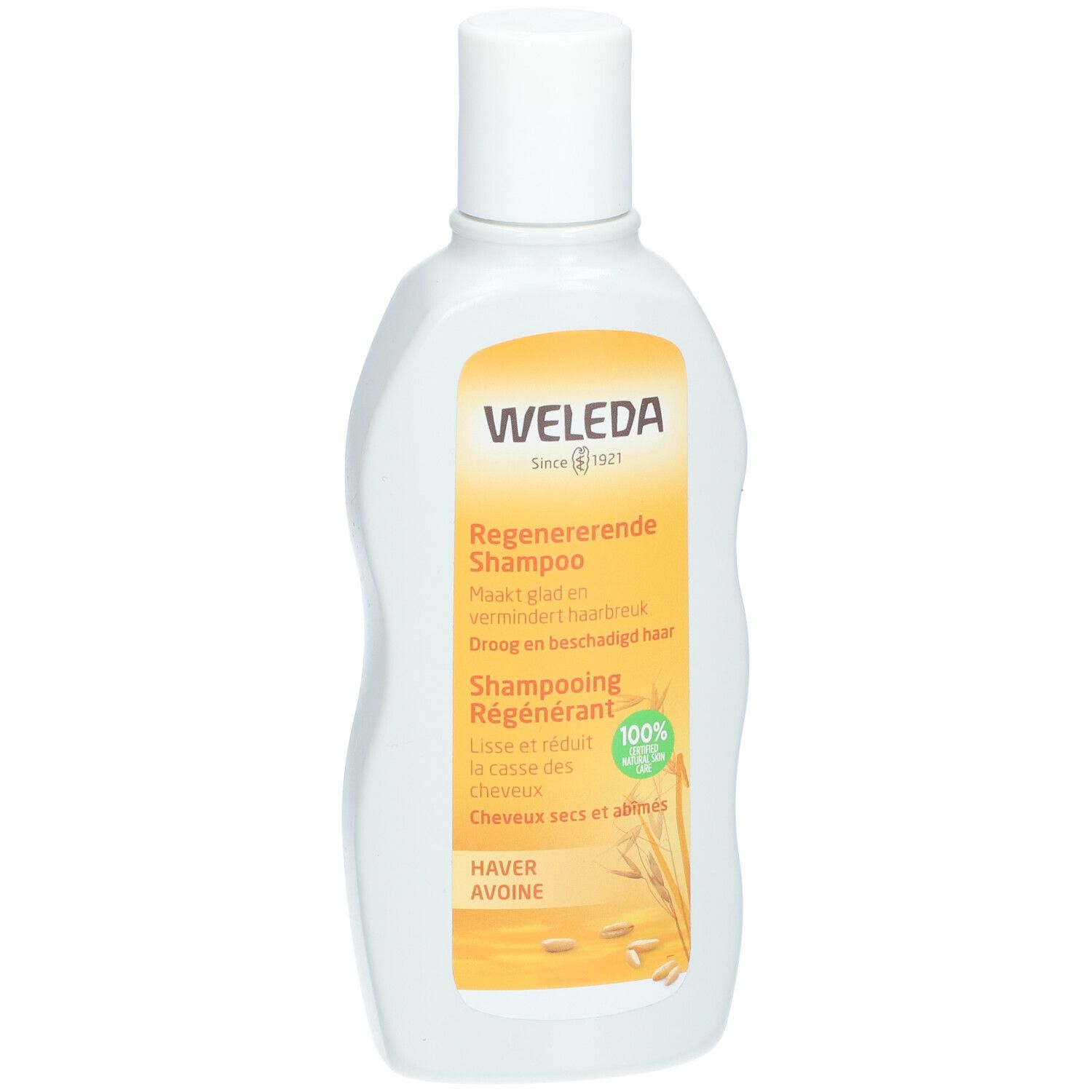 Weleda Shampoo Rigenerante. Bottiglia bianca con etichetta gialla. Testo: Shampoo Rigenerante, Avena, 100% naturale.