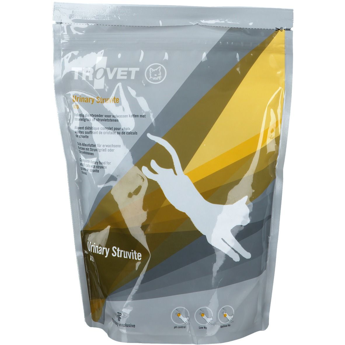 Confezione con stampa del prodotto. Logo e scritta 'Trovet Urinary Struvite'. Illustrazione di un gatto.