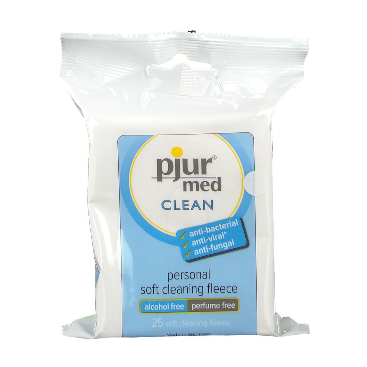 Confezione di salviette detergenti. Scritta: pjur med CLEAN, antibatterico, antivirale, antifungino, senza alcool, senza profumo.