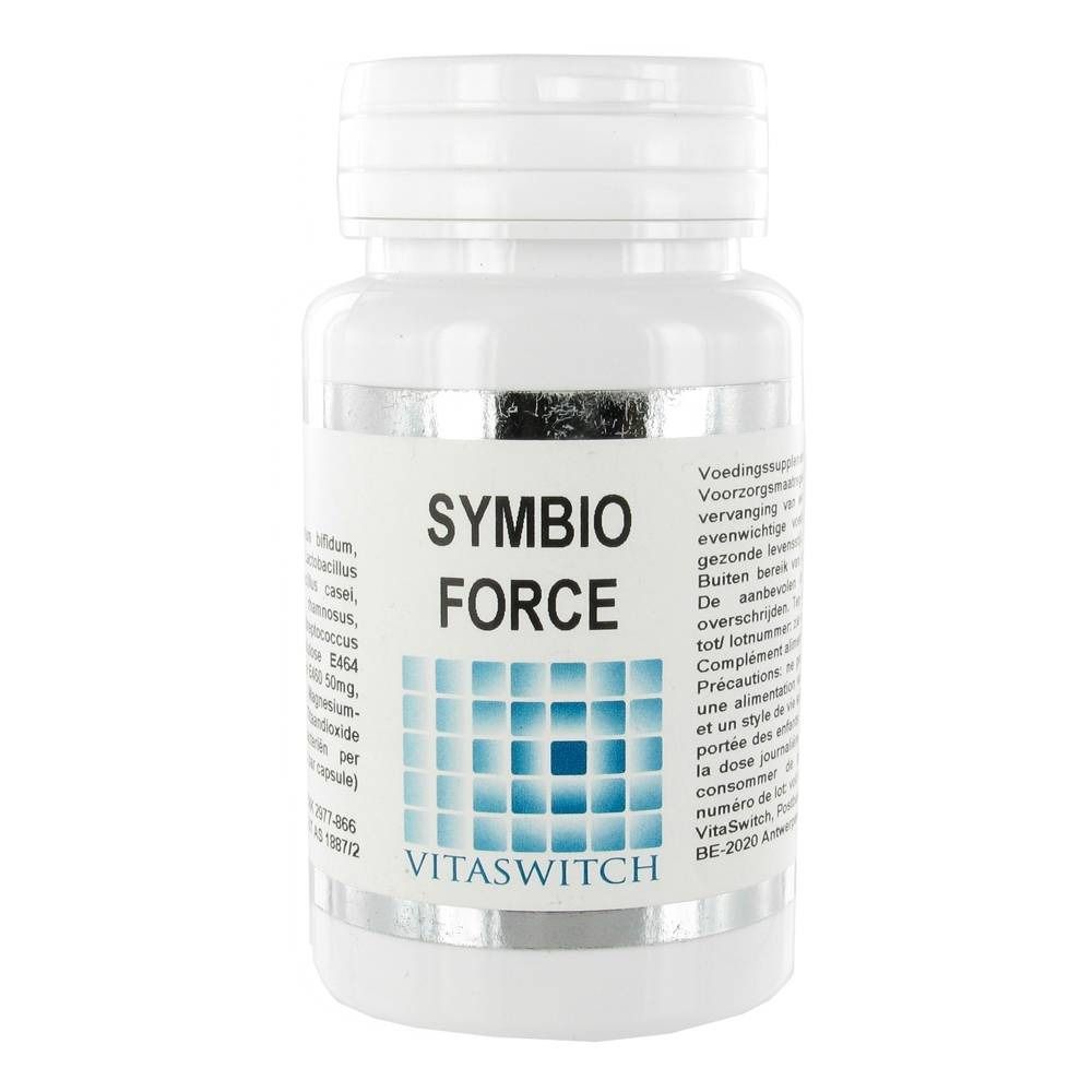 Flacone bianco con scritta SYMBIO FORCE. Sotto, VITASWITCH. Striscia argentata con testo. Tappo e flacone bianchi.
