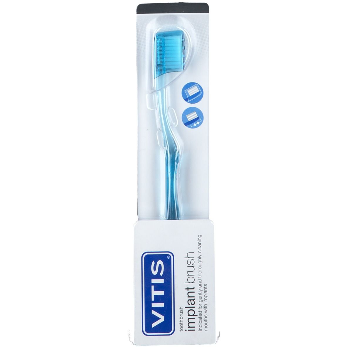 Spazzolino in confezione. Testina e manico blu. Scritta VITIS e implant brush.