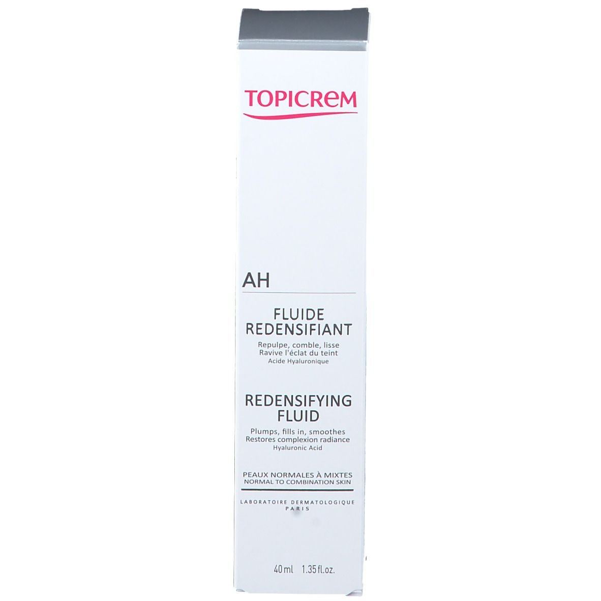 Scatola bianca con coperchio grigio. Testo: TOPICREM, AH, Fluide Redensifiant, Redensifying Fluid. 40ml.