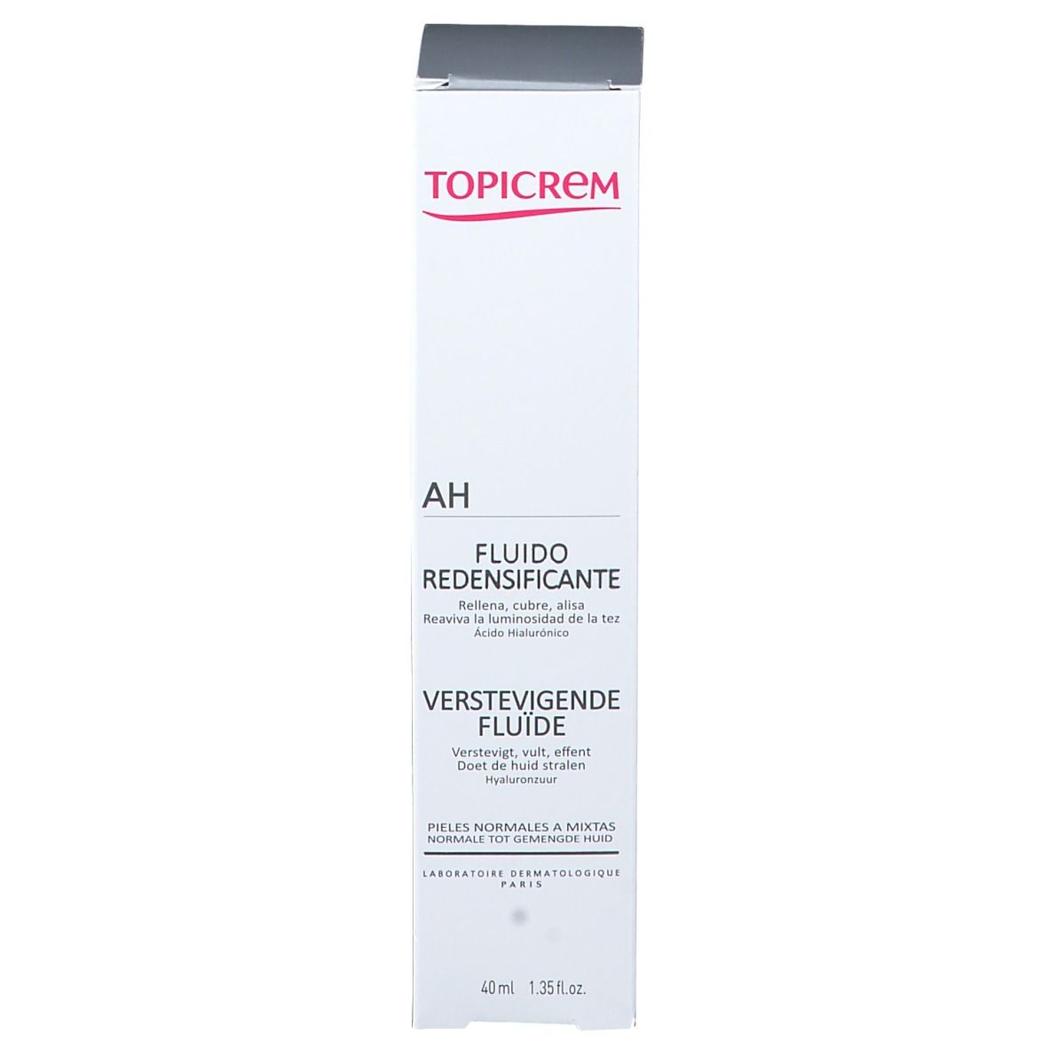 Scatola bianca con coperchio grigio. Testo: TOPICREM, Fluido Redensificante, Verstevigende Fluide. 40ml.