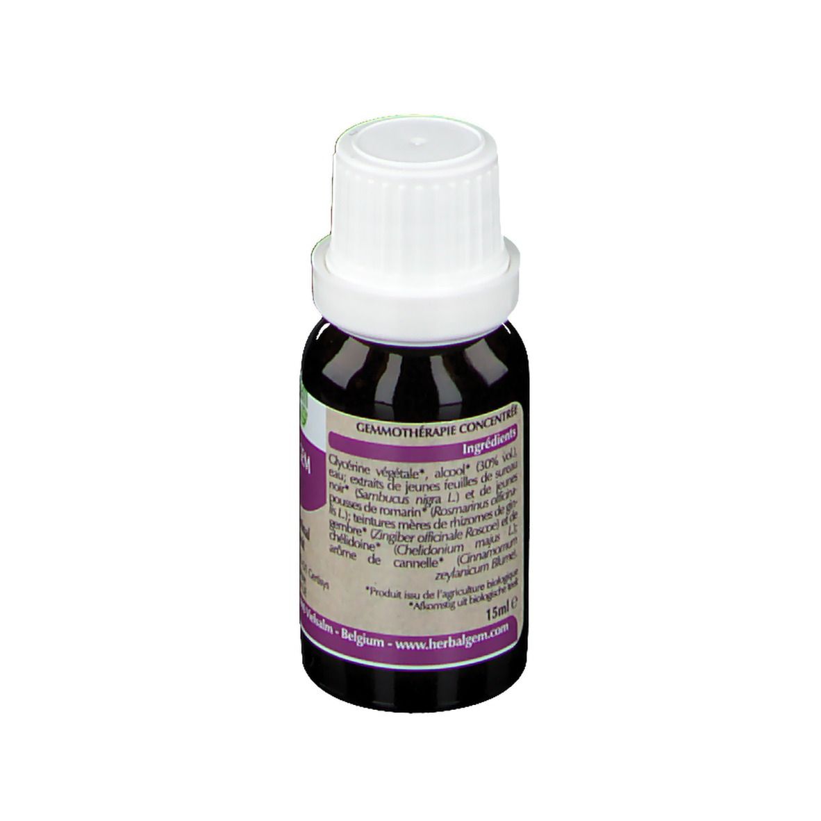 Flacone di vetro marrone con tappo bianco. Etichetta con ingredienti e informazioni del produttore. 15ml.