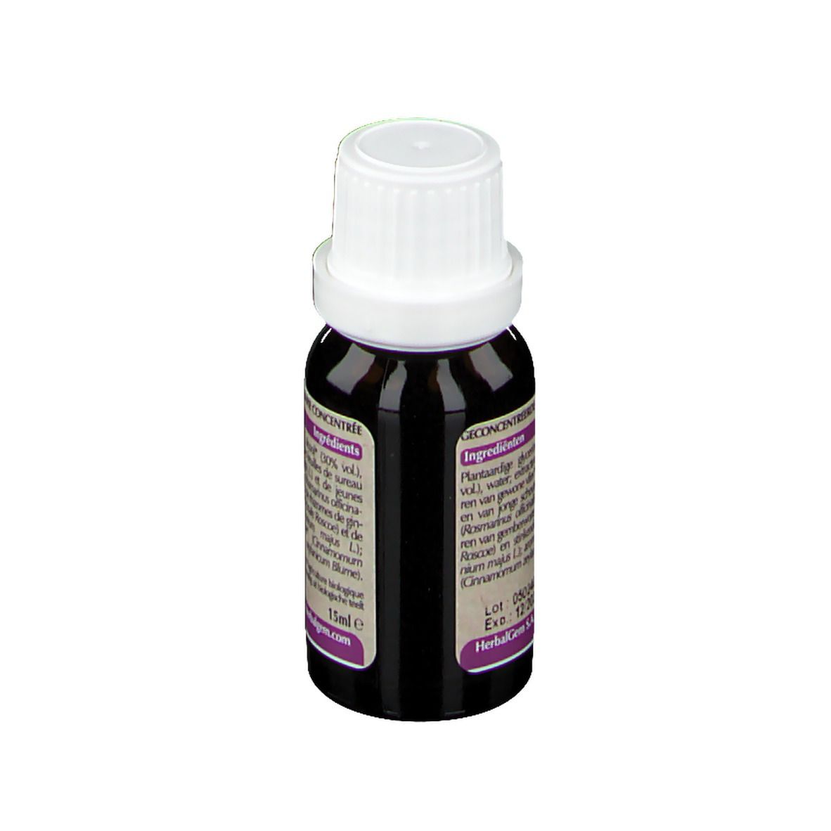 Flacone di vetro marrone con tappo bianco. Etichetta con ingredienti e informazioni del produttore. 15ml.