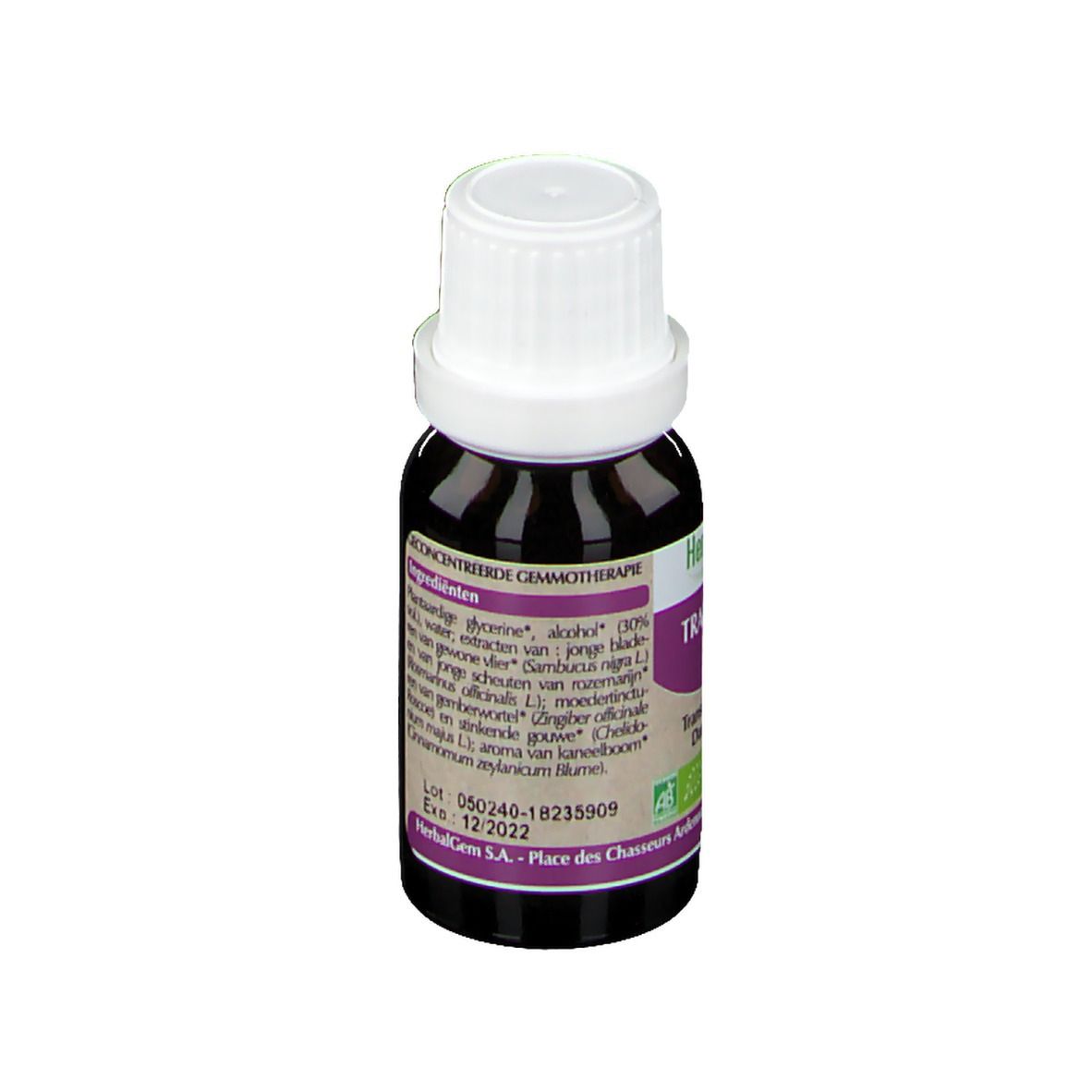 Flacone di vetro marrone con tappo bianco. Etichetta con ingredienti e informazioni del produttore. 15ml.