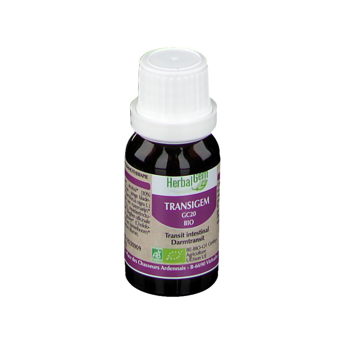 Flacone di vetro marrone con tappo bianco. Etichetta con nome del prodotto, marchio e sigillo bio. Testo: Transito intestinale.