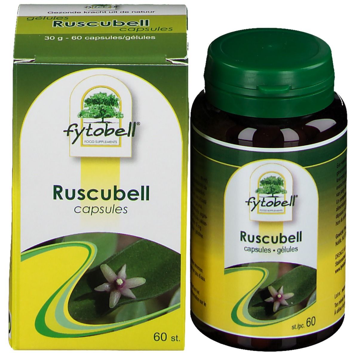 Fytobell Ruscubell, una scatola e un flacone. Sulla scatola c'è scritto "Ruscubell capsules".