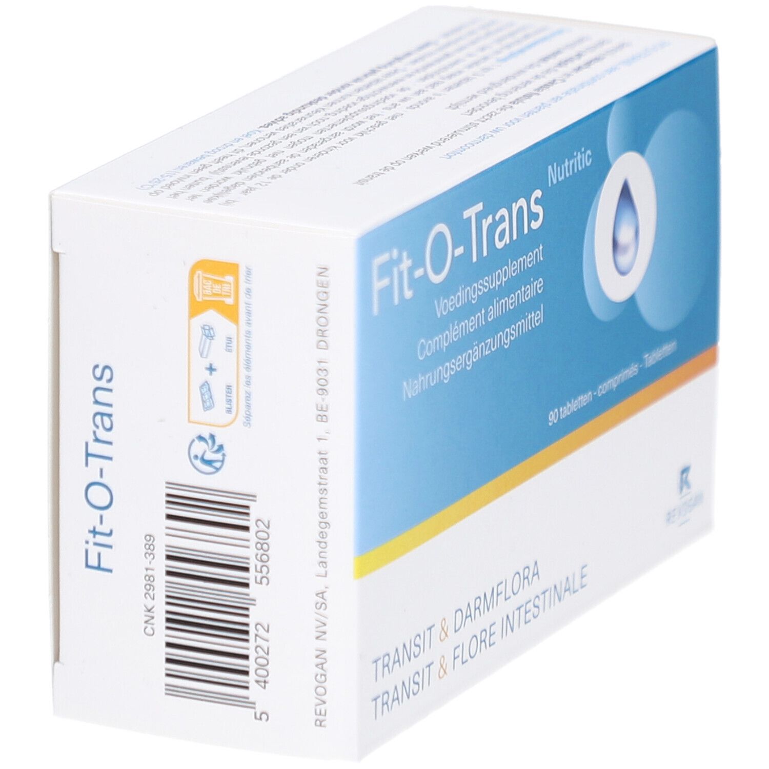 Scatola di compresse Fit-O-Trans. Scritto: Integratore alimentare. Vista posteriore.