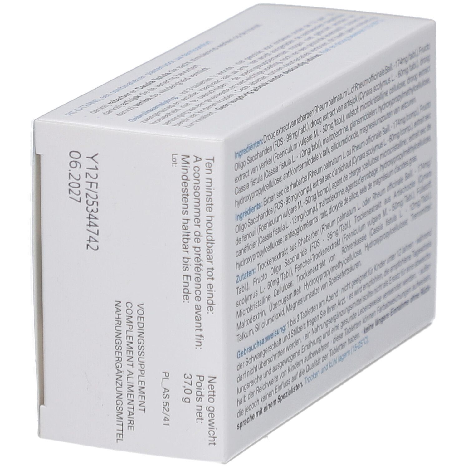 Retro della scatola di compresse Fit-O-Trans. Contiene ingredienti e scadenza.