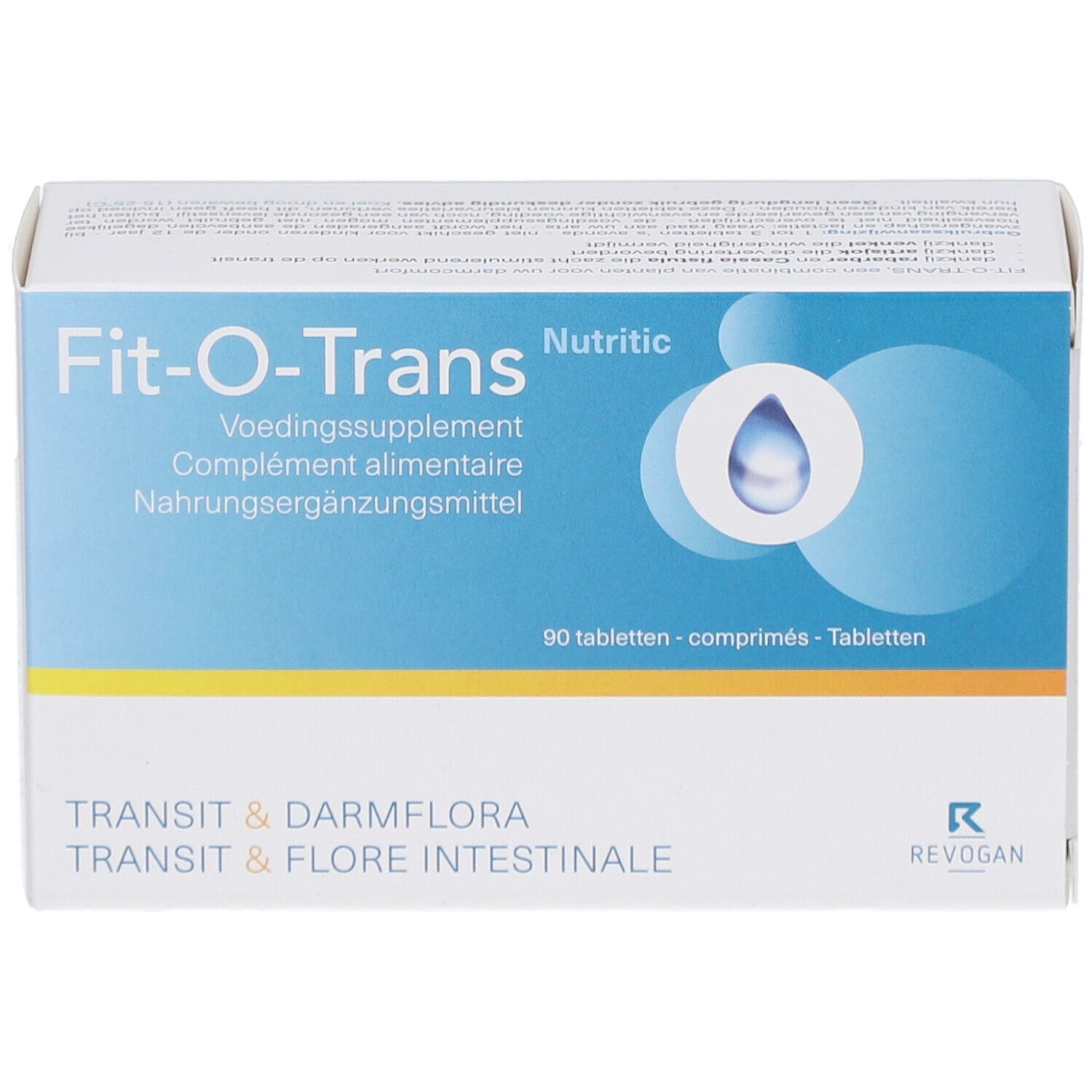 Scatola di compresse Fit-O-Trans. Contiene 90 compresse. Scritto: Integratore alimentare.