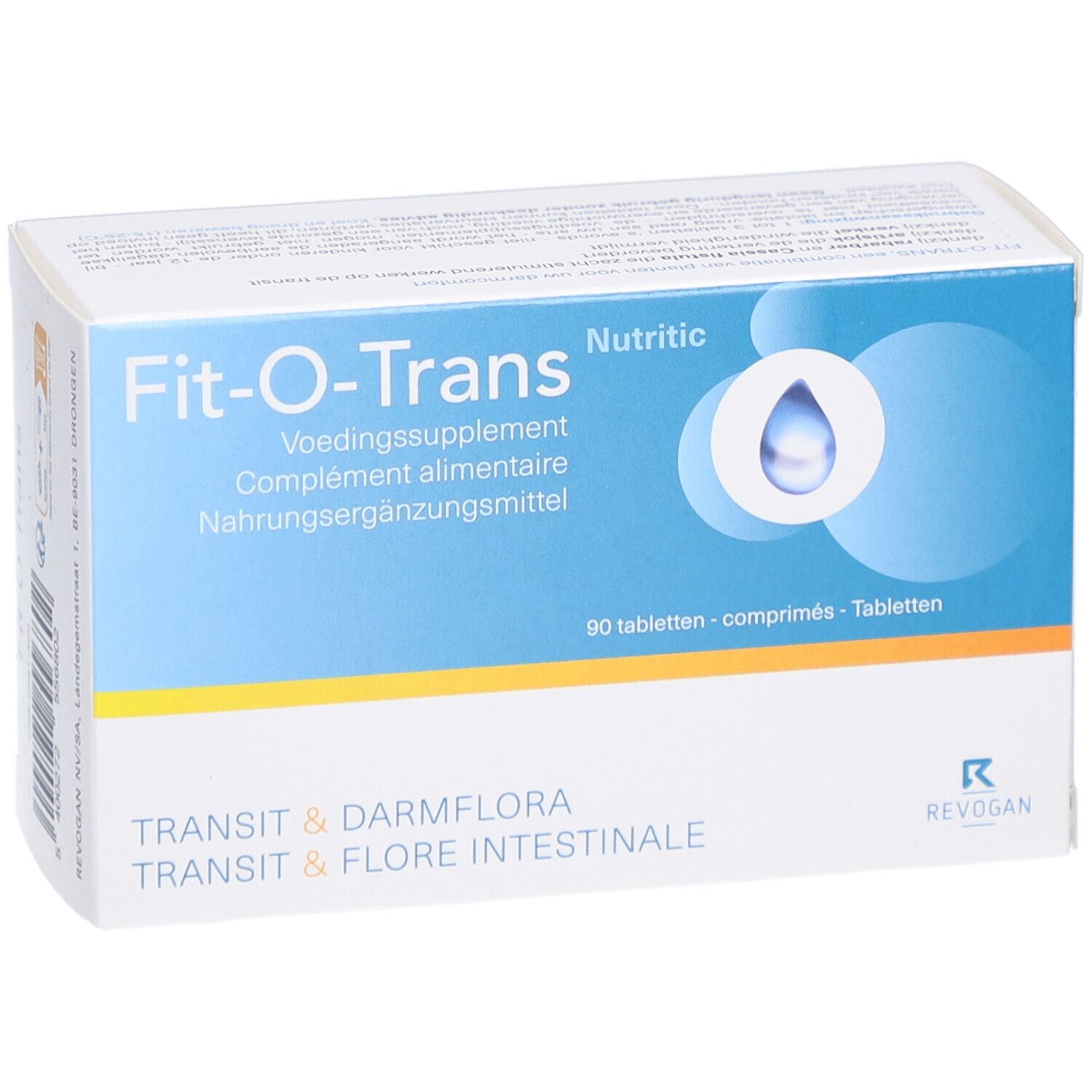 Scatola di compresse Fit-O-Trans. Contiene 90 compresse. Scritto: Integratore alimentare.