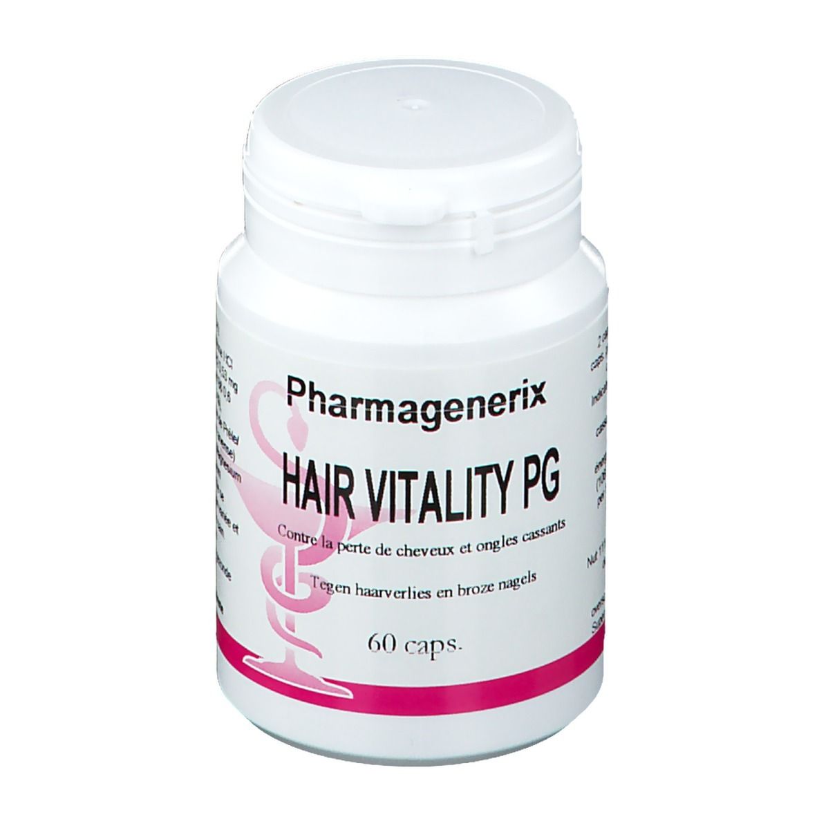 Flacone bianco con tappo a vite. Scritta: Pharmagenerix Hair Vitality PG, 60 capsule. Logo rosa.