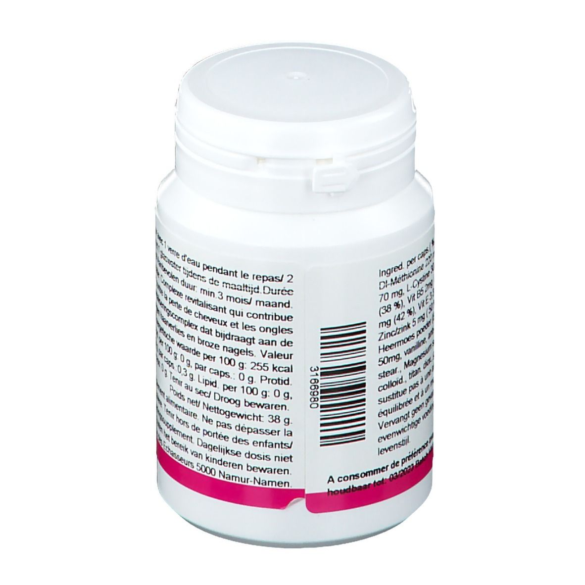 Flacone bianco con tappo a vite. Scritta e testo. Striscia rosa in basso. Vista posteriore.