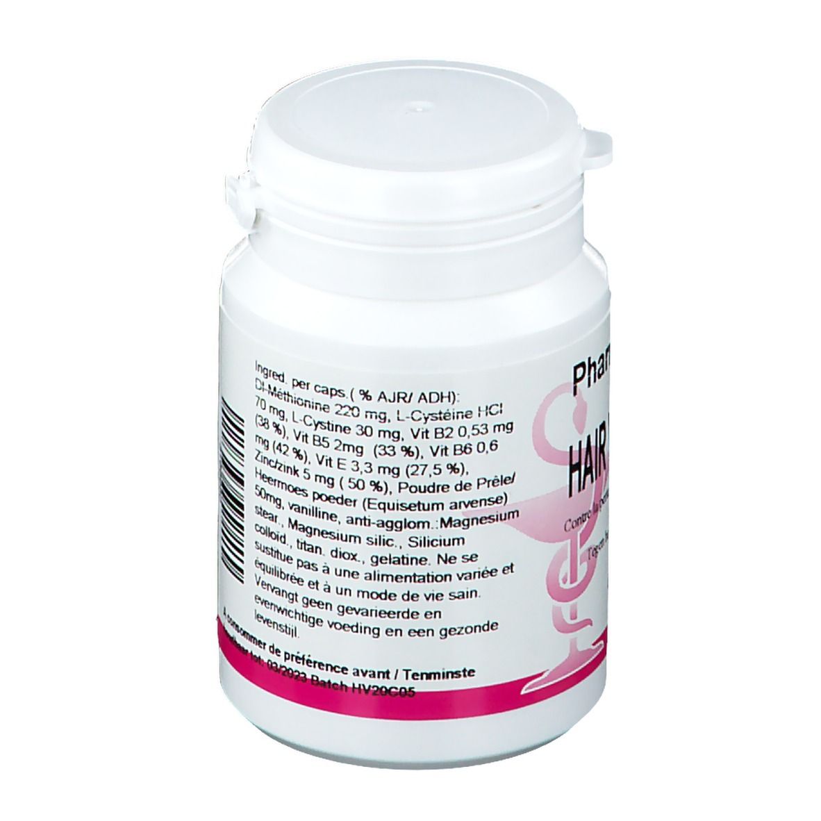 Flacone bianco con tappo a vite. Scritta e testo. Striscia rosa in basso. Vista posteriore.