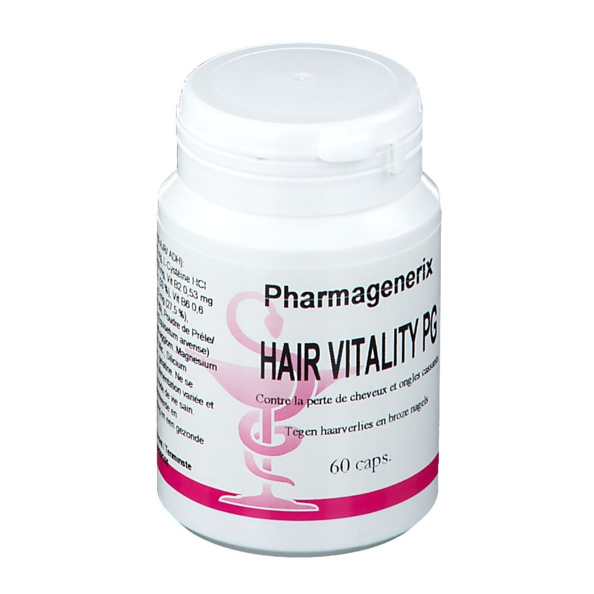 Flacone bianco con tappo a vite. Scritta: Pharmagenerix Hair Vitality PG, 60 capsule. Logo rosa.