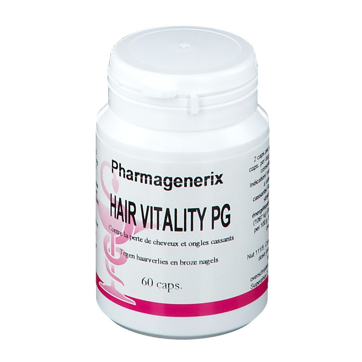 Flacone bianco con tappo a vite. Scritta: Pharmagenerix Hair Vitality PG, 60 capsule. Logo rosa.