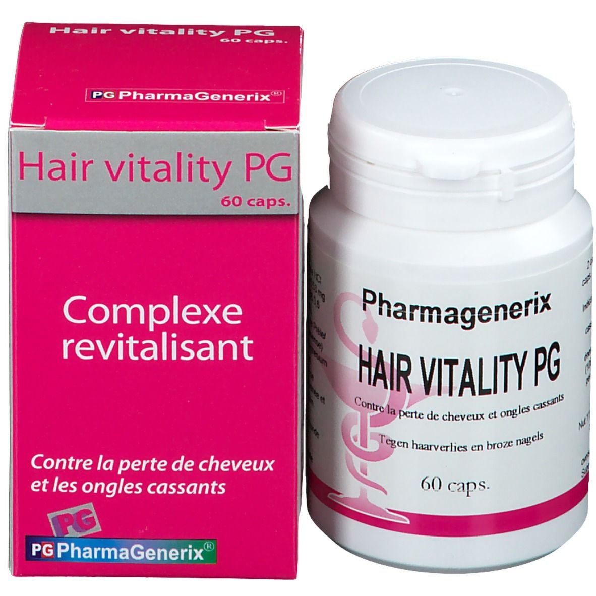 Flacone bianco e scatola rosa. Scritta: Hair Vitality PG, 60 capsule. Logo rosa. Complesso rivitalizzante.