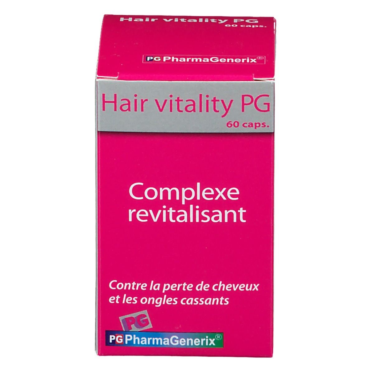 Scatola rosa. Scritta: Hair Vitality PG, 60 capsule. Logo. Complesso rivitalizzante. Testo.
