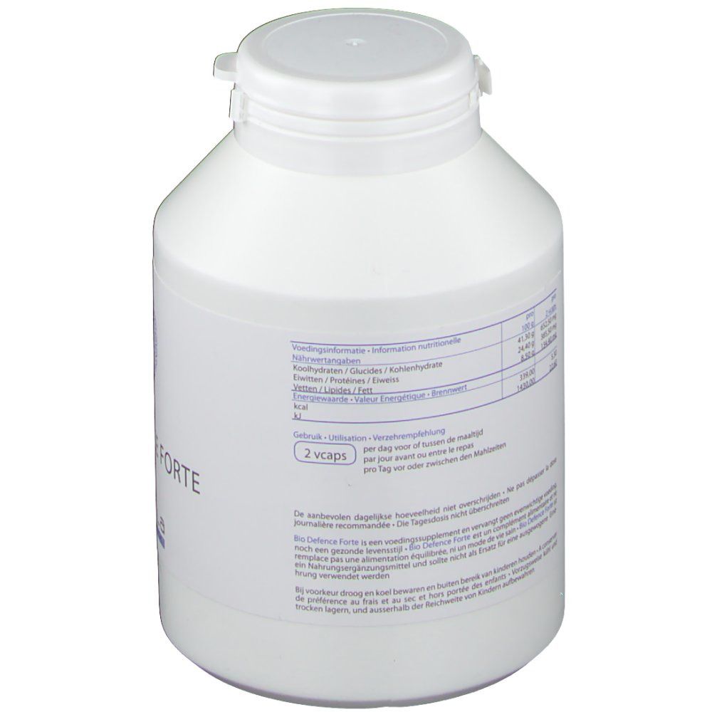 Flacone bianco con tappo a vite. Retro con testo e tabelle. Contiene informazioni nutrizionali e di utilizzo.