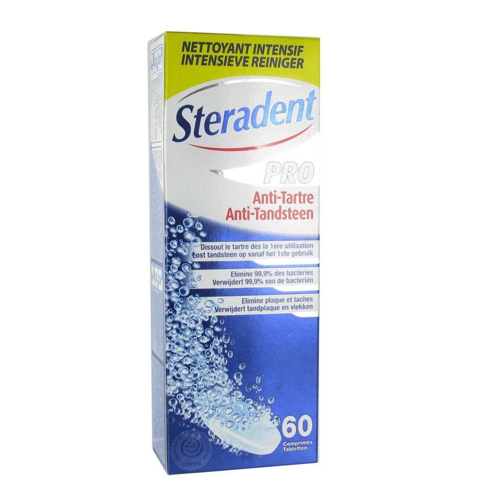 Scatola con 60 compresse. Scritta Steradent Pro Anti-Tartre. Confezione blu e bianca. Contiene 60 compresse.