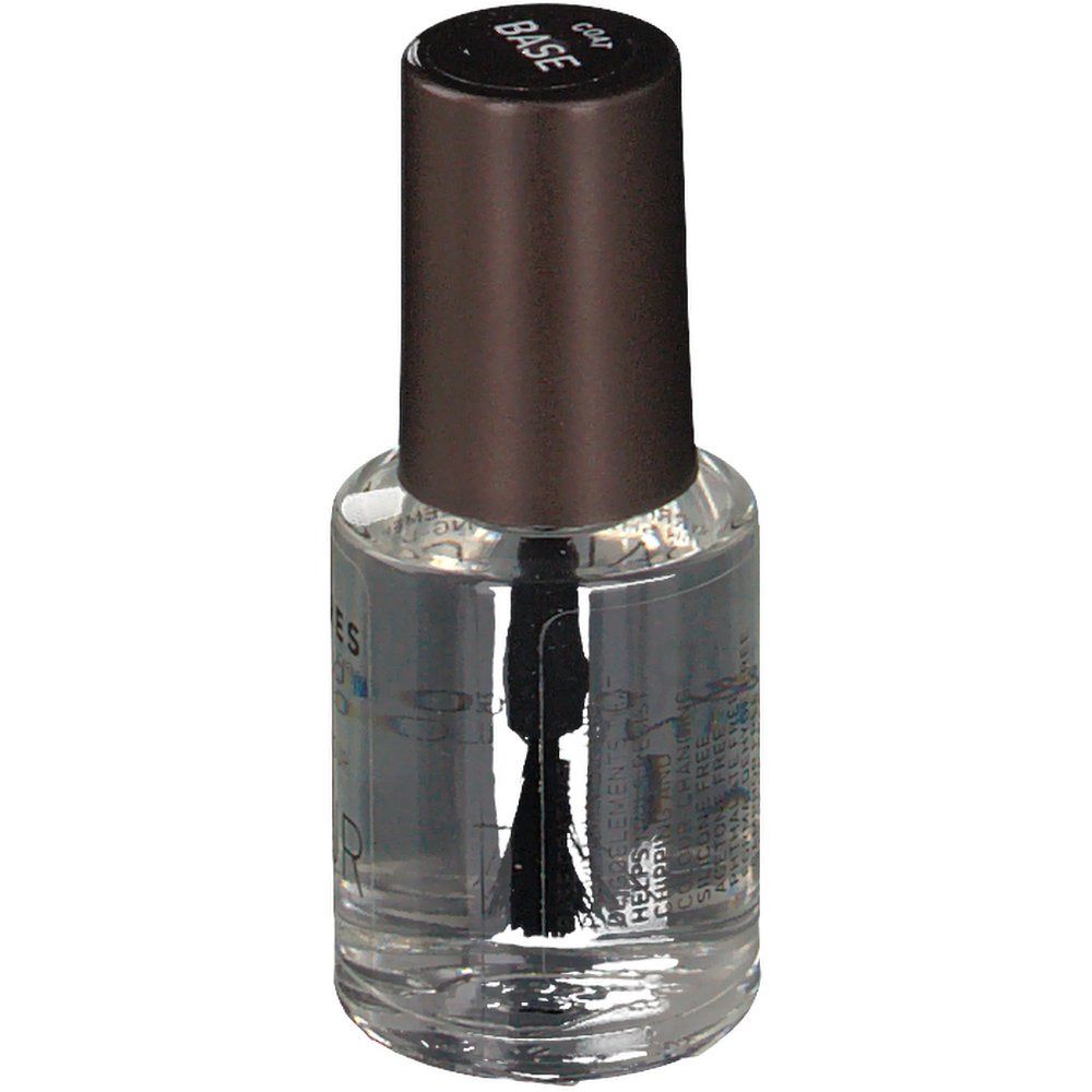 Flacone di smalto KORRES con tappo marrone. Scritta BASE. Pennello all'interno visibile.