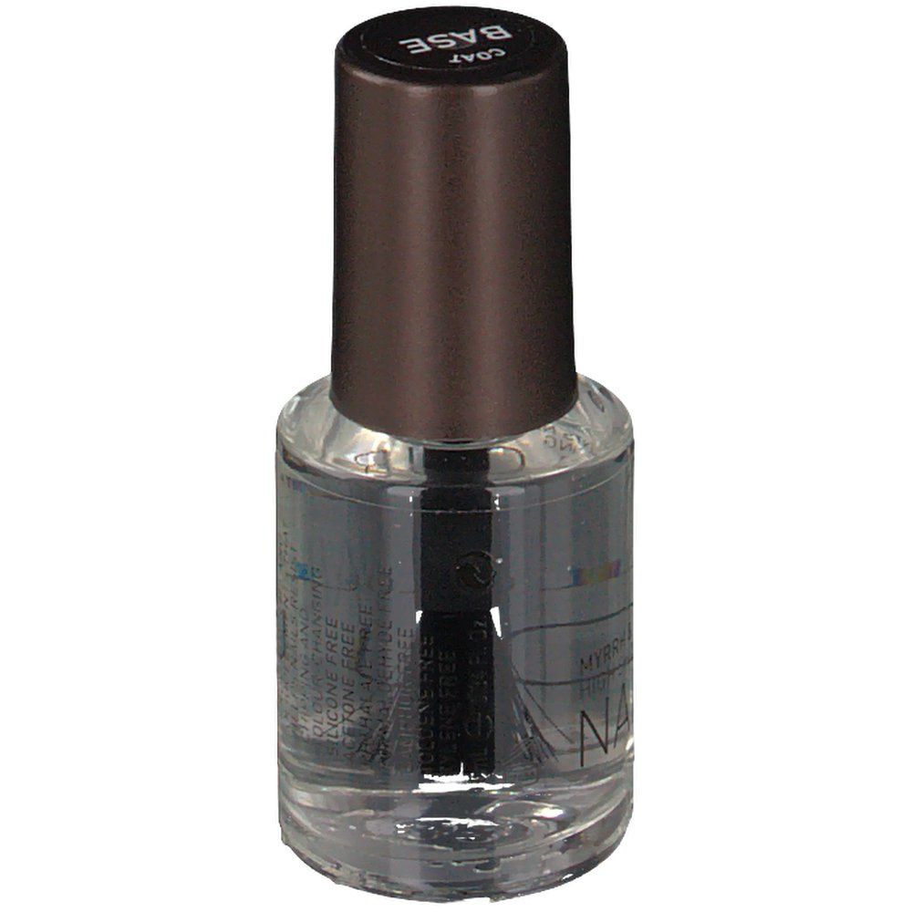 Flacone di smalto KORRES con tappo marrone. Scritta BASE. Pennello all'interno visibile.