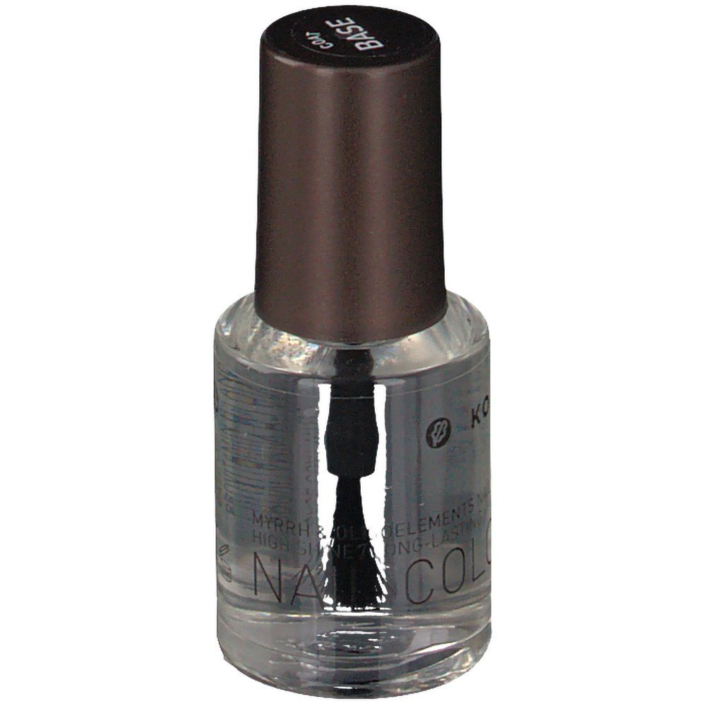 Flacone di smalto KORRES con tappo marrone. Scritta BASE. Pennello all'interno visibile.