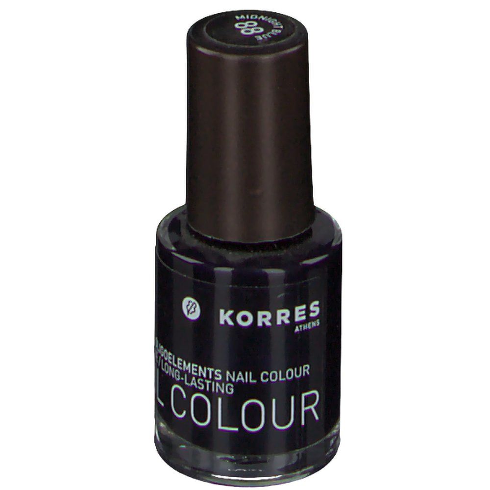 Smalto per unghie blu scuro Korres. Flacone con tappo nero. Scritta: 88 Midnight Blue, ELEMENTS NAIL COLOUR, COLOUR.