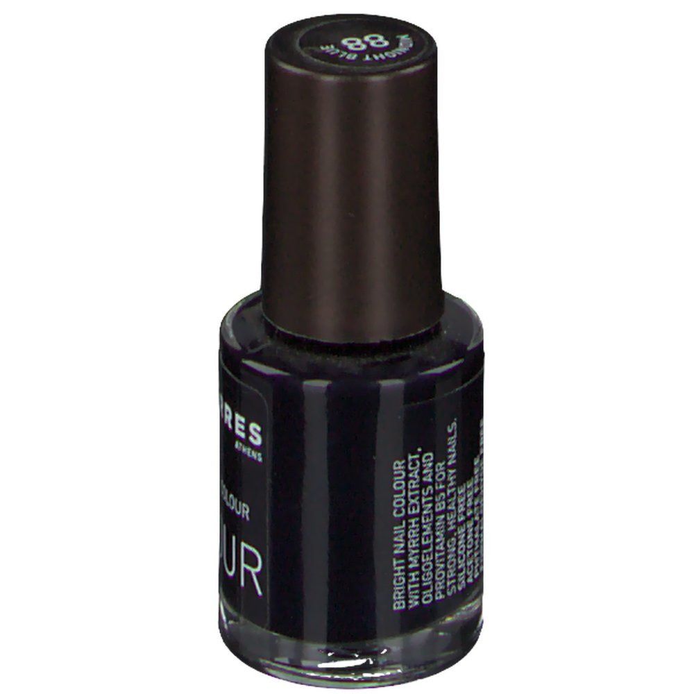 Smalto per unghie blu scuro Korres. Flacone con tappo nero. Scritta: 88 Bright Blue, BRIGHT NAIL COLOUR.