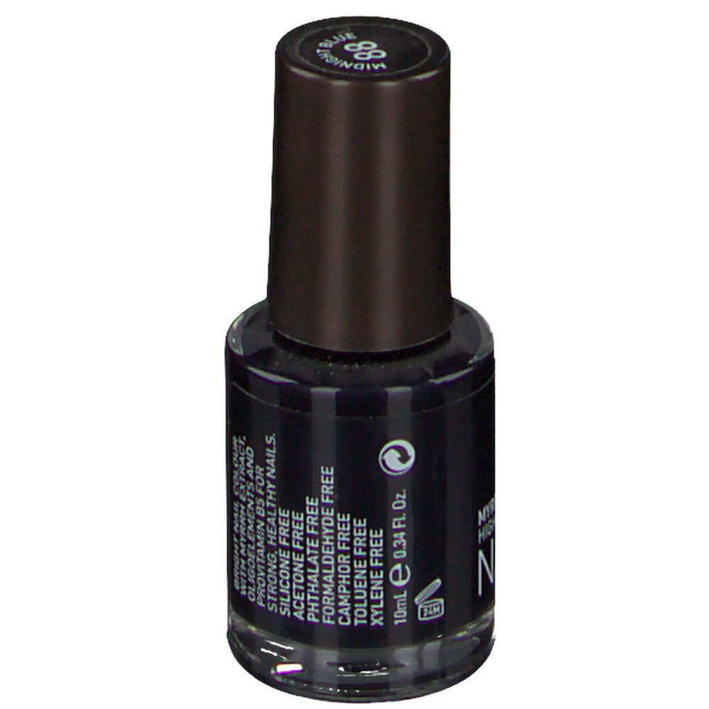 Smalto per unghie blu scuro Korres. Flacone con tappo nero. Scritta: 88 Midnight Blue, NAIL COLOUR, 10ml.