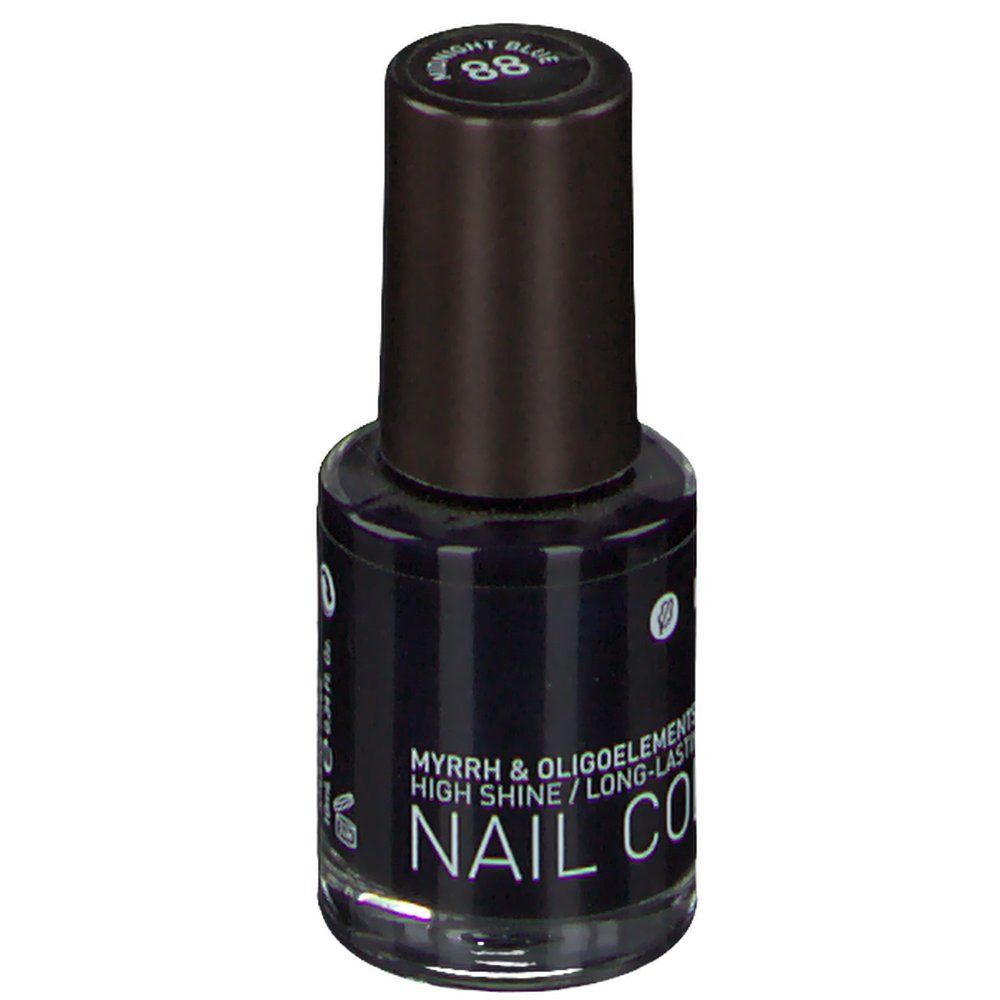 Smalto per unghie blu scuro Korres. Flacone con tappo nero. Scritta: 88 Bright Blue, NAIL COLOUR.