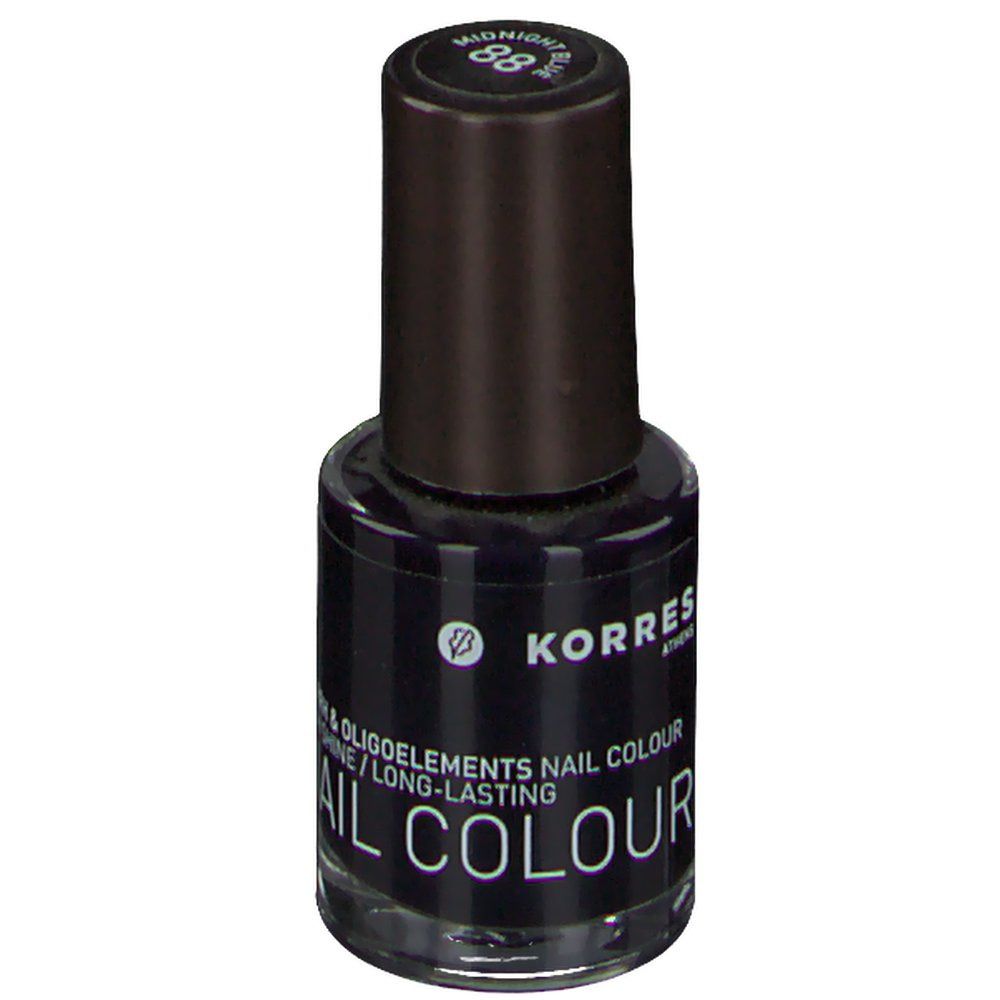 Smalto per unghie blu scuro Korres. Flacone con tappo nero. Scritta: 88 Midnight Blue, NAIL COLOUR.