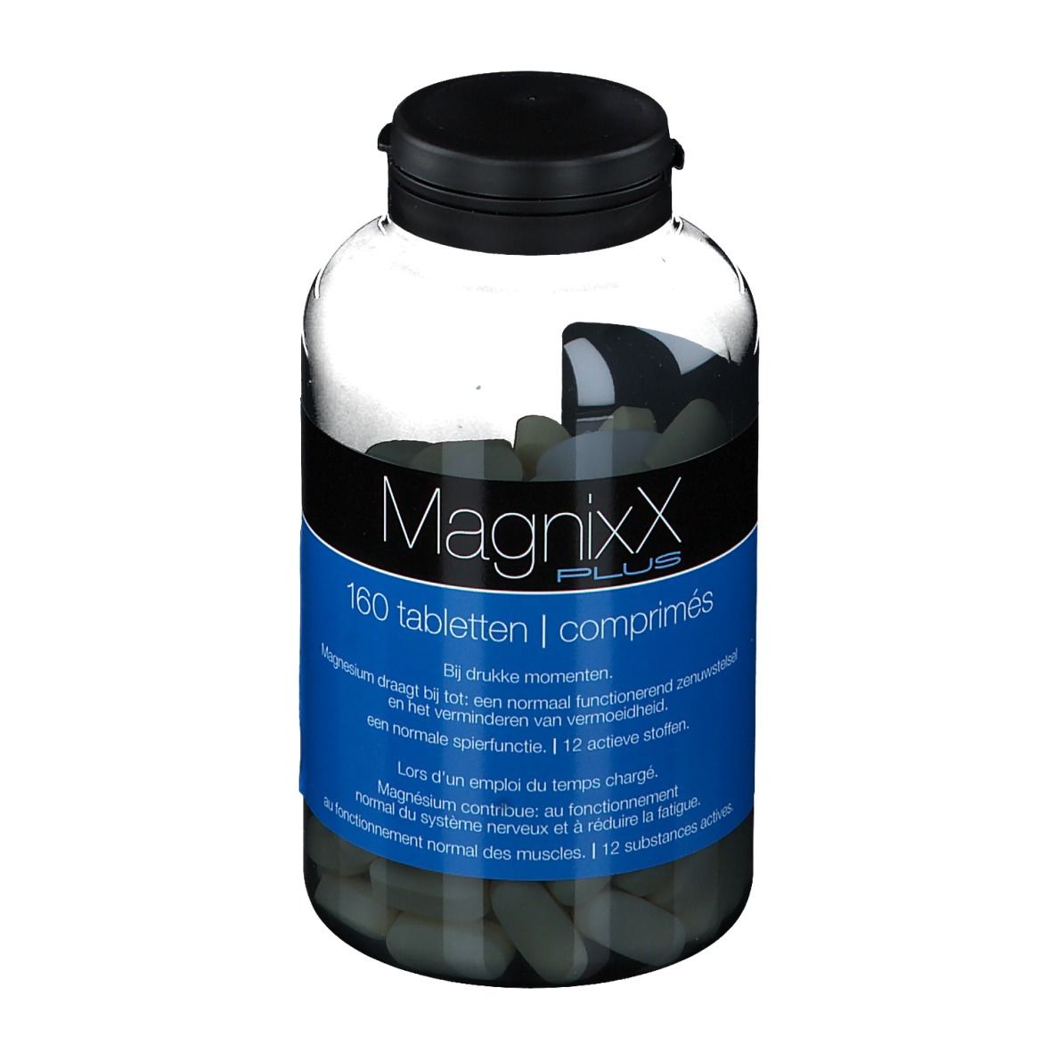 Flacone trasparente con tappo nero. Etichetta blu con "MagnixX PLUS" e 160 compresse. Compresse all'interno.