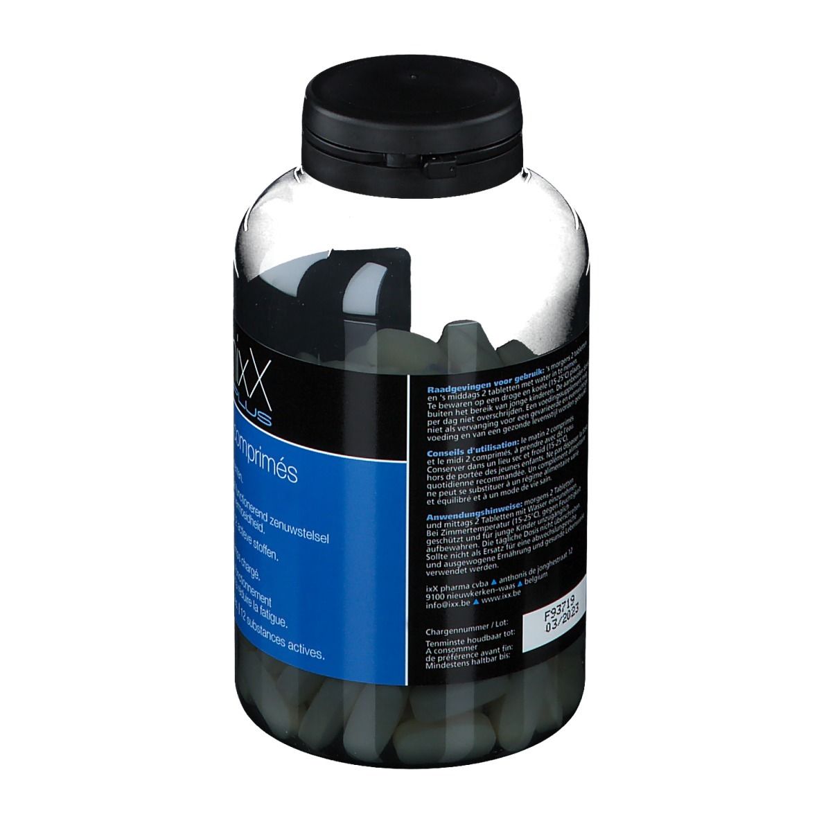 Vista posteriore del flacone con tappo nero. Etichetta blu con testo. Compresse all'interno.