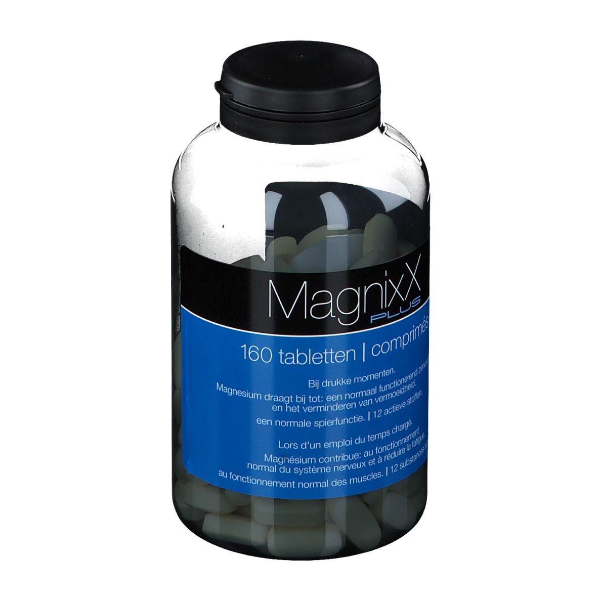 Flacone trasparente con tappo nero. Etichetta blu con "MagnixX PLUS" e 160 compresse. Compresse all'interno.