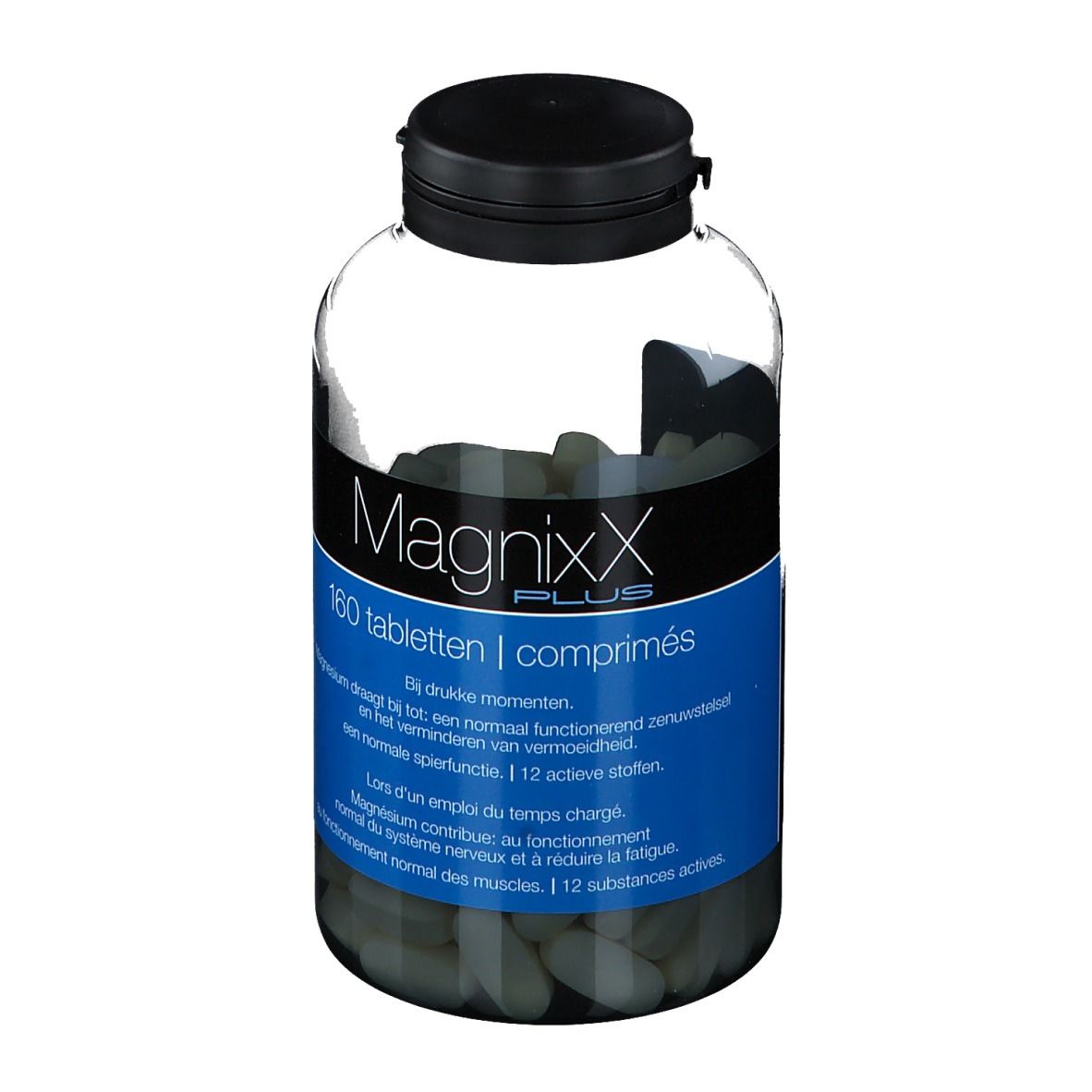 Flacone trasparente con tappo nero. Etichetta blu con "MagnixX PLUS" e 160 compresse. Compresse all'interno.