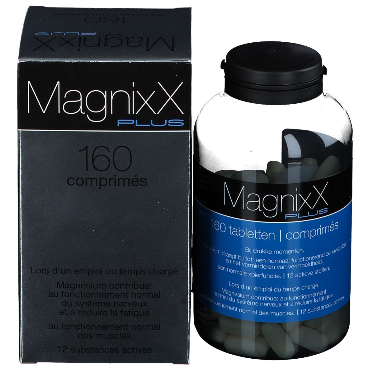 Flacone e scatola. Flacone con tappo nero, etichetta blu, compresse. Scatola con "MagnixX PLUS".