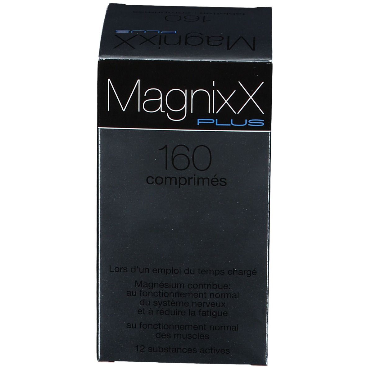 Scatola nera con "MagnixX PLUS" e 160 compresse. Testo sulla scatola.