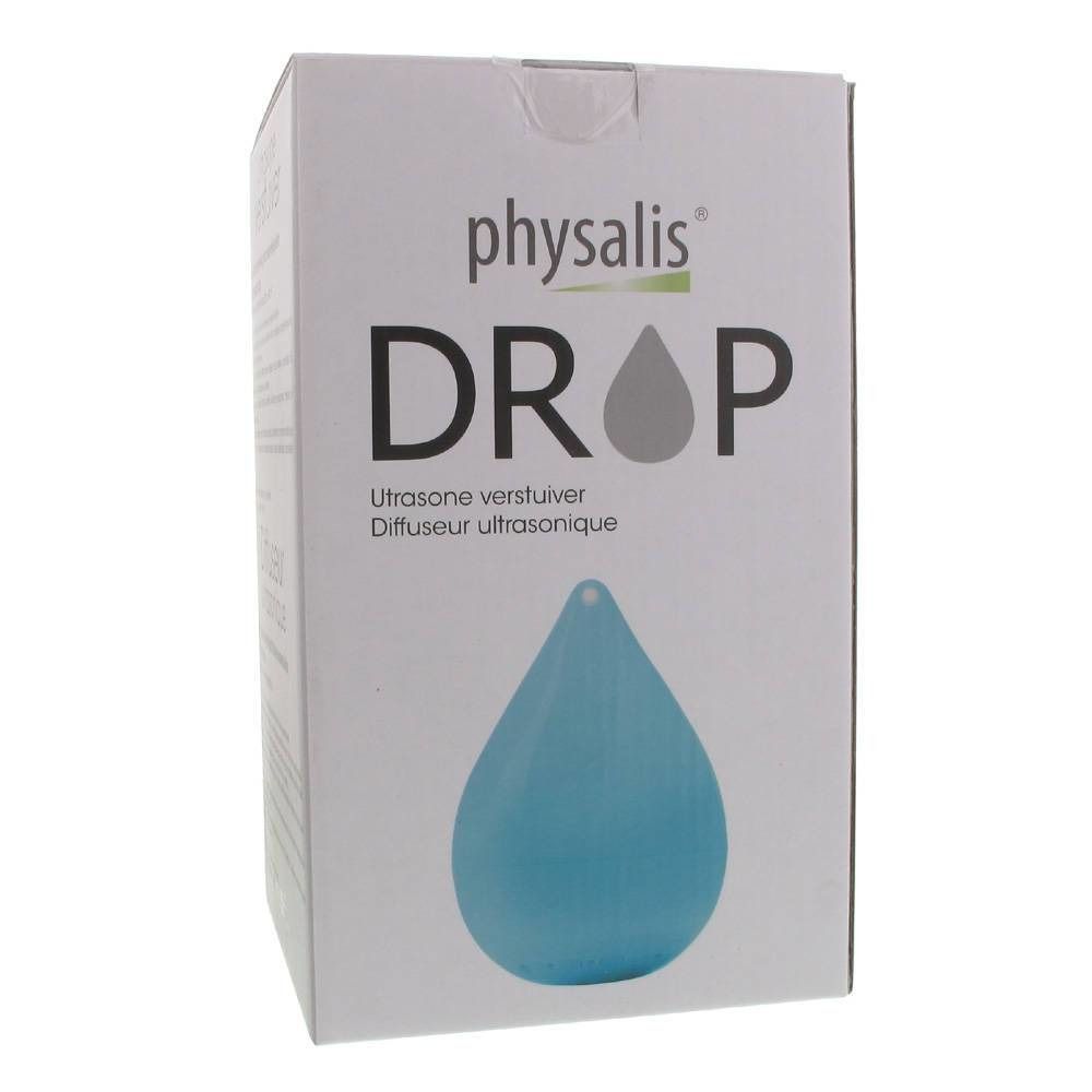 Scatola bianca con il nome del prodotto « physalis DROP ». Sotto, una forma a goccia blu. Testo: Ultrasone verstuiver, Diffuseur ultrasonique.